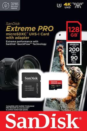 Sandisk 128GB Extreme PRO Microsdxc Card + SD Adapter + Rescuepro Deluxe, up to 200Mb/S, with A2 App Performance, UHS-I, Class 10, U3, V30