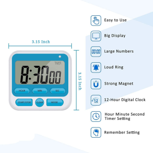 Upgraded Digital Kitchen Timer, On/Off Switch, 12/24 Hour Clock and Silent Timers, Count up & Count down for Kids Teachers Cooking Games Office, Large LCD Display, Loud Alarm and Strong Magnet (Blue)