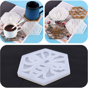 2PCS Bee Honeycomb Resin Coaster Moulds Cup Mat Silicone Casting Mould Hexagon Hollow Mould for Resin Polymer Clay Plaster Wax Craft Making Supplies