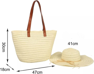 ZAHNA Straw Tote Bag and Hat Set Beach Bag Womens Straw Bag and Wide Brim Sunhat Straw Bag with Zipper Closure