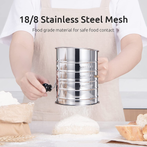 U-Taste Stainless Steel Flour Sifter: 3 Cup Sifter with 4 Wire Agitators for Quick Sifting, 1 Cushion Ring, Crank Plastic Handle, Stamped Measurement, 20 Fine Mesh for Baking Flour, Powered Sugar