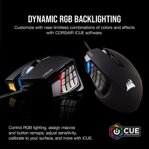 Corsair Scimitar Elite RGB Optical MOBA/MMO Gaming Mouse (18000 DPI Optical Sensor, 17 Programmable Buttons, 4-Zone RGB Multi-Colour Backlighting, Contoured Shape, On-Board Storage) – Black (CH-9304211-AP)