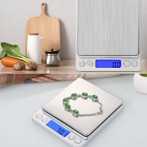 Small Digital Scale,1Kg/0.02G,Kitchen Scale,Food Scale,With Blue Backlit LCD Display, 6 Units, Auto Off, Tare, PCS Function, Stainless Steel, Battery Included,Soft Tape Included(150Cm)