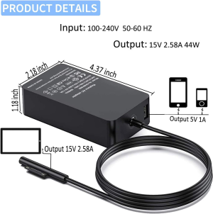 Surface Pro Charger Surface Laptop Charger, 65W(Suitable for 65W,44W, 36W,24W) Power Supply Compatible for Surface Pro 3/4/5/6/7/8/9/X Surface Laptop1/2/3/4 Surface Go1/2/3 Surface Book1/2/3