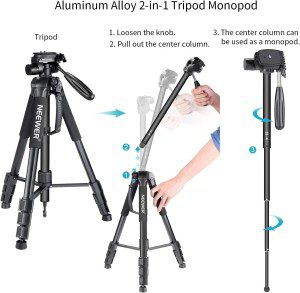 Neewer Portable Aluminum Alloy Camera 2-In-1 Tripod Monopod Max. 70″/177 Cm with 3-Way Swivel Pan Head and Carrying Bag for DSLR,DV Video Camcorder