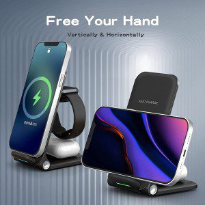 Wireless Charger, 15W 3 in 1 Fast Charging Stand for Airpods Iwatch, Foldable Wireless Charging Station for Iphone 14 13 12/11/11 Pro/11Pro Max/Xs Max/Xr/Samsung Galaxy S20 / Smartphones (Black)