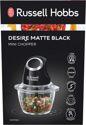 Russell Hobbs RHMFP5BLK, Desire Mini Chopper, Stainless Steel S Blade, One Touch Operation, 1L Dishwasher Safe Glass Bowl, Matte Black