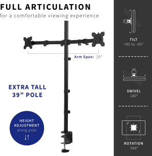 VIVO Dual Monitor Stand up Desk Mount Extra Tall 39 Inch Pole, Fully Adjustable Stand for up to 27 Inch Screens, Black, STAND-V012