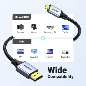 UGREEN 4K Micro HDMI to HDMI Cable 1M Adapter, Braided Micro HDMI Cable 4K 60Hz Support HDR 3D ARC 18Gbps Compatible for Hero 7 Black Hero 6 5 4 Sony A6000 A6300 Camera Nikon B500 Yoga 3 Pro