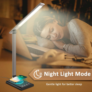 LED Desk Lamp 12W with Fast Wireless Charger & USB Charging Port, Led Desk Light with 35 Dimmable Adjustable Lighting, 40Min/1Hr Timer, Eye-Caring Bedside Lamp for Home Office, Reading, Study