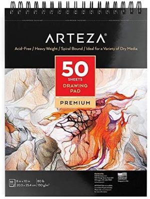 ARTEZA 8 X10 Drawing Pad, 50 Pages, Spiral Bound Artist Drawing Book, Durable Acid Free Sketch Paper (80Lb/130G), for Kids & Adults