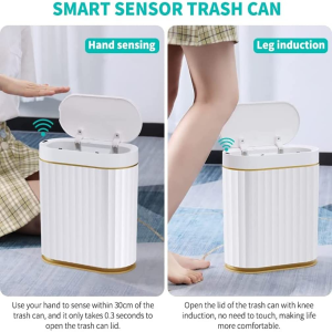 Smart Bathroom Trash Bin with Lid, 7 Liter Slim Automatic Garbage Can, Waterproof Plastic Rubbish Bin Narrow Motion Sensor Wastebasket for Bedroom, Living Room, Kitchen, Office, Gold(No Battery)