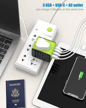 Disgian Travel Adapter, Universal International Power Adapter with 3USB Port and Type-C International Wall Charger Worldwide AC Power Plug for Multi-Nation Travel UK, EU, AU over 200 Countries (Green)