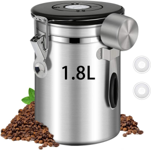 1.8L Coffee Canister, Airtight Coffee Canister with Scoop, Coffee Jar with Built-in Valve, Date Tracker, 2 Spare Filter, Coffee Container for Beans, Ground, Tea, Flour and Sugar Silver