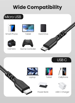 Fasgear Short USB C to Micro USB Cable 1Ft/30Cm – 1 Pack USB 2.0 Type C to Micro USB Cable Support Data Sync & Charging Compatible with Macbook Pro|Ps4/X-Box Controller|Android Phone OTG Device