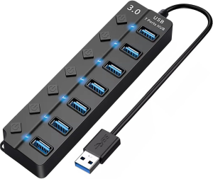 T Tersely Individual Power Switches and Leds On/Off 7-Port USB 3.0 Hub, Ultra Slim 5Gbps Super Speed USB Data Transfer Hub Expansion Splitter for Macbook, XPS, PC, USB Flash Drives, Mobile HDD, More