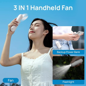 JISULIFE Portable Handheld Fan, Mini Pocket Personal Hand Fan, USB Rechargeable Battery Operated 14-21 Hours, Multifunctional Foldable Fan with Power Bank, Flashlight for Travel, Gift, Kids – White