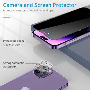 [2+2 Pack] Cnarery Privacy Screen Protector for Iphone 14 Pro Max with Alignment Frame, 2 Pack Full Coverage Privacy Tempered Glass Screen Protector and 2 Pack Camera Lens Protector[Easy Installation]