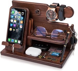 Wood Phone Docking Station Ash Key Holder Wallet Stand Watch Organizer Men Gift Husband Wife Anniversary Dad Birthday Nightstand Purse Father Graduation Male Travel Idea Gadgets (Brown)