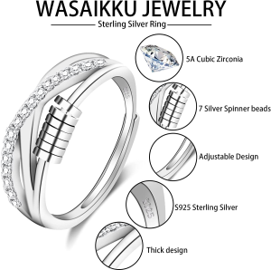 WASAIKKU 925 Sterling Silver Spinner Rings Anxiety Fidget Ring for Women Adjustable Stacking Spinning Band Rings