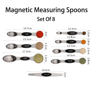 Magnetic Measuring Spoons Set of 8, 7 Measuring Spoons and Cups 1 Leveler Stainless Steel ,Dual Sided Stackable Teaspoon Fits in Spice Jars and Containers for Measuring Dry and Liquid Ingredients（Magnetic 8 Piece）