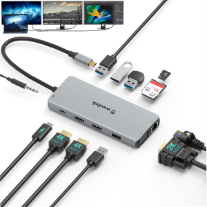 WAVLINK 12-In-1 USB C Hub/ Docking Station, Triple Display Type-C Adapter with 2X 4K HDMI and 1X 2K VGA Port, 100W PD3.0 Charging, Ethernet, Microsd and SD Card Reader, Audio Jack and 2 USB 3.0 & 2 USB2.0 Ports, for Windows/Mac and More