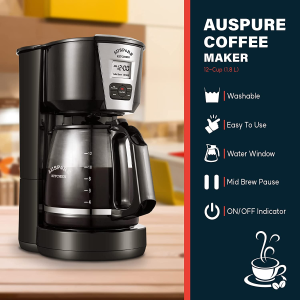 AUSPURE Coffee Maker, 12 Cup, Programmable Drip Filter Coffee Machine with Keep-Hot, Strength Control, LCD Display, Permanent Mesh Filter, Sleek Black Design, Ausbrew-1812