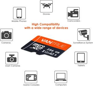 Vantrue 256GB Microsdxc UHS-I U3 4K UHD Video High Speed Transfer Monitoring SD Card with Adapter for Dash Cams, Body Cams, Action Camera, Smartphone, Tablet, Surveillance & Security Cams