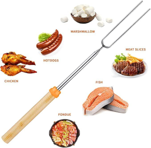 Roasting Sticks, Stainless Steel Roasting Sticks with Wooden Handle, 32 Inch(81Cm) Extendable BBQ Forks Telescoping Smores Sticks for Fire Pit, Campfire