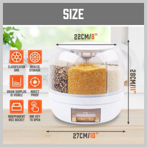 HORUSDY 6In1 Rotating Grain Dispenser, 6 Compartment 360° Rotating Rice Storage Cereal Container Box Kitchen Food Divided Case with Measure Cup, 10KG Capacity