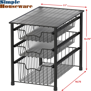 Simplehouseware Stackable 3 Tier Sliding Basket Organizer Drawer, Black