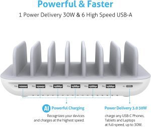 Soopii 70W 7 Port Charging Station for Multiple Devices,7 Short Cables Included, Charger Station with One 30W Power Delivery Port for Laptops,And 6 USB Ports for Smart Phones,Tablets,Other Electronics