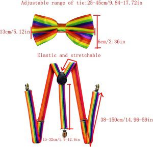 Lopsity Suspenders Straps Rainbow Bow Tie Set Adjustable Elastic Y Back Style Suspenders and Stylish Bowtie Necktie with Metal Clips Unisex for Party,Festivals