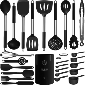 Silicone Cooking Utensils Set – Heat Resistant Kitchen Utensils,Turner Tongs,Spatula,Spoon,Brush,Whisk,Stainless Steel Gray Silicone Cooking Tool for Nonstick Cookware,Dishwasher Safe (Large)