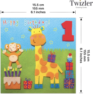 Twizler 1St Birthday Card for Child with Giraffe and Monkey – One Year Old – Age 1 – Childrens Birthday Card – Girls Birthday Card – Boys Birthday Card – Happy Birthday Card