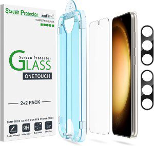 Amfilm [2+2 Pack] Onetouch Tempered Glass Screen Protector for Samsung Galaxy S23+/S23 plus 6.6 Inch with Camera Lens Protector, 9H Hardness, Easy Installation and Bubble Free.