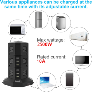 Tower Power Strip USB Surge Protector Socket 12 AC Outlets with 6 USB 2.4A Totals 6A Ports Chargers 2M Long Extension Cord SAA Certified Black-Powerjc…