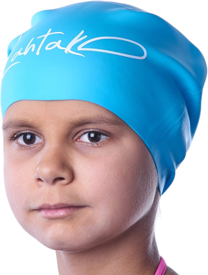 Swim Caps for Long Hair Kids – Swimming Cap for Girls Boys Kids Teens with Long Curly Hair Braids Dreadlocks – 100% Silicone Hypoallergenic Waterproof Swim Hat (Aqua Blue M)