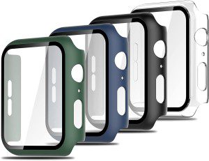 Simpeak (4 Pack) PC Case Compatible with Apple Watch Series 6 5 4 40Mm, Built-In Thin HD Tempered Glass Screen Protector Hard Case Overall Cover Replacement for 40Mm Iwatch Series 4/ 5/ 6/ SE, Green, Navy, Black, Clear