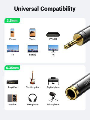 UGREEN 3.5Mm to 1/4 Adapter 2 Pack 3.5Mm 1/8 Male to 6.35Mm Female Audio Jack Plug Converter Headphone Adapter for Speaker Headphone, Guitar, Digital Piano