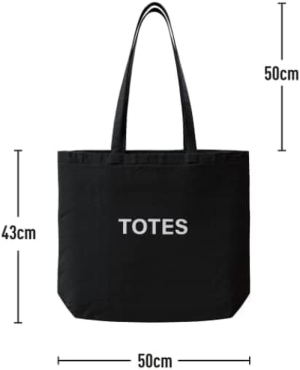 TOTES Pure Cotton Black Tote Bag| (50X43Cm) Eco-Friendly Foldable Shoulder Shopping Bags | Washable Reusable Cloth & Unisex Grocery Bags with (50Cm) Handles