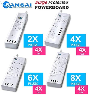 SANSAI Power Board Strip Extension 8 Outlet Surge 4 USB Charger (8 Way)