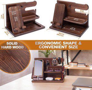 Wood Phone Docking Station Ash Key Holder Wallet Stand Watch Organizer Men Gift Husband Wife Anniversary Dad Birthday Nightstand Purse Father Graduation Male Travel Idea Gadgets (Brown)