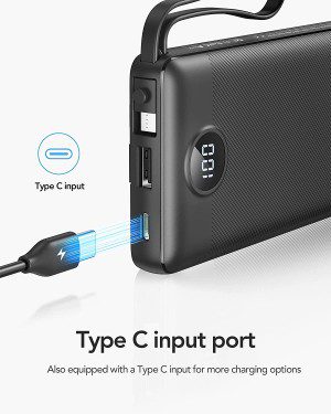 VRURC 10000Mah Power Bank USB C with Built in 4 Cables, Slim Portable Charger with 5 Outputs & 2 Inputs,Led Display External Cell Phone Battery Pack Compatible with Iphone Samsung Android Etc- Black