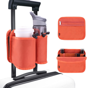 WALNEW Luggage Travel Cup Holder Hands-Free Drink Caddy Attachment Drinks Carrier for Drink Beverages Coffee Mugs Fits Roll on Suitcase Handles Travel Accessories