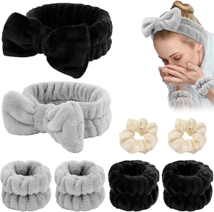 ZANZER 8 Pcs Makeup Spa Headband,Face Wash Facial Headband and Wristband Set,Wrist Wash Bands, Skincare Headbands with Wristband Set, Hair Headband Face Wash Wristbands for Washing Face (White+Gray)