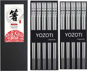 YOZOTI Stainless Steel Rainbow Color Chopsticks, Reusable Chopsticks, 5 Pairs Dishwasher Safe Metal Chopsticks, Easy to Use, Square Lightweight Chop Sticks – Gift Set(Dazzling)