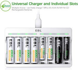 EBL 9010 AA AAA Battery Charger – Independent 8 Bay Charger with High Charging Speed for 1.2V Ni-Mh Ni-Cd Rechargeable Batteries（Usb Cable Provided）