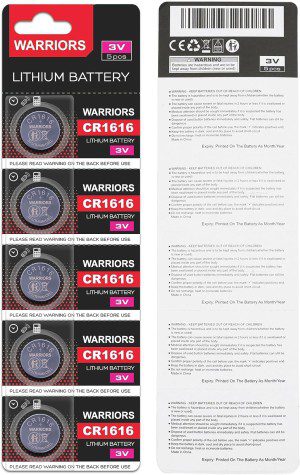 Warriors 1616 CR1616 Coin Button Cell 3V 3 Volt Lithium Batteries 5X Retail Pack Compliant with Coin Battery Safety Standards 2020