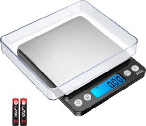 (Upgraded) AMIR Digital Kitchen Scale, 500G Mini Pocket Jewelry Scale, Cooking Food Scale with Back-Lit LCD Display, 2 Trays, 6 Units (Battery Included)